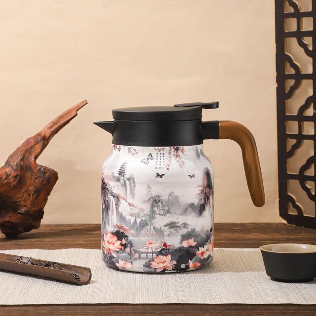 Peshoriadm Théière, Théière Vintage à Motif Floral - Infuseur Intégré, Théière en Acier Inoxydable avec Infuseurs pour Thé en Vrac, Bouilloire Thermique avec Couvercle pour Boissons Chaudes, 1000ml (03)