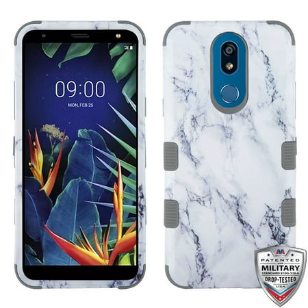 LG K40 Phone Case 3 in 1 Hybrid Impact Armor Hard PC & Soft TPU Silicone Rubber Heavy Duty Rugged Bumper Shockproof Anti Slip Full Body Protective Case White Marble Granite Cover for LG K40