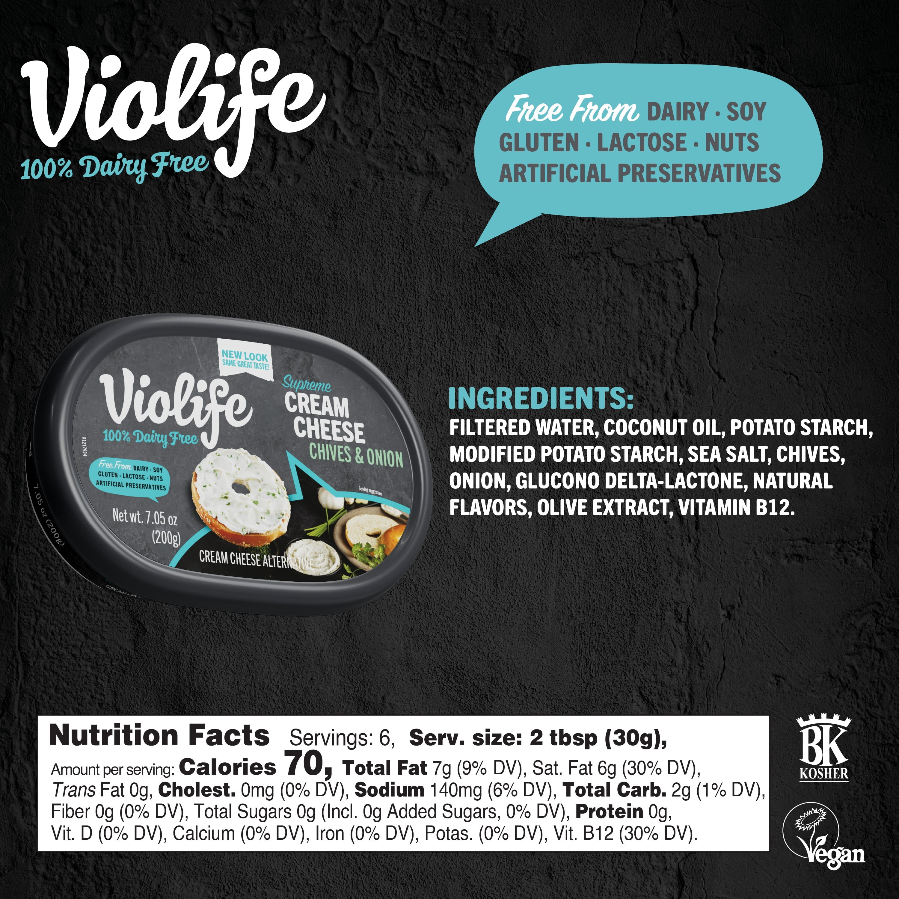 Violife Just like Cream Cheese - with Chives, Dairy-Free Vegan, 7.05 oz Tub (Refrigerated)