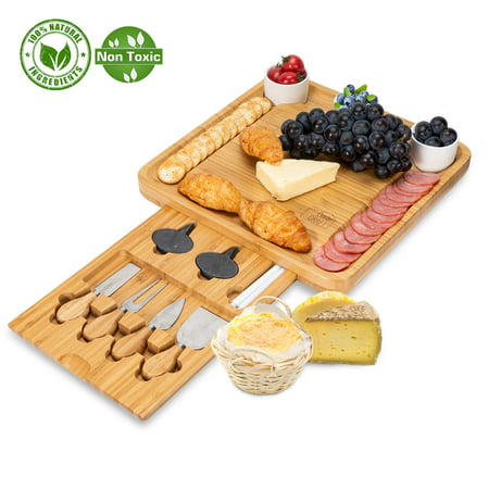 Bamboo Cheese Board with Cutlery Set-Charcuterie Cheese Plate Include 3 Ceramic Bowels with Marker Set by (Best Cheese Charcuterie Plate)