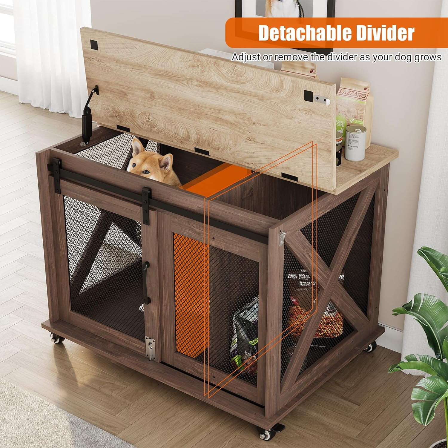 M optimized Dog Crate Furniture with Sliding Barn Door, Flip Top Dog Crate End Table with Wheels, Indoor Dog Kennel Furniture with Removable Divider, Dog House