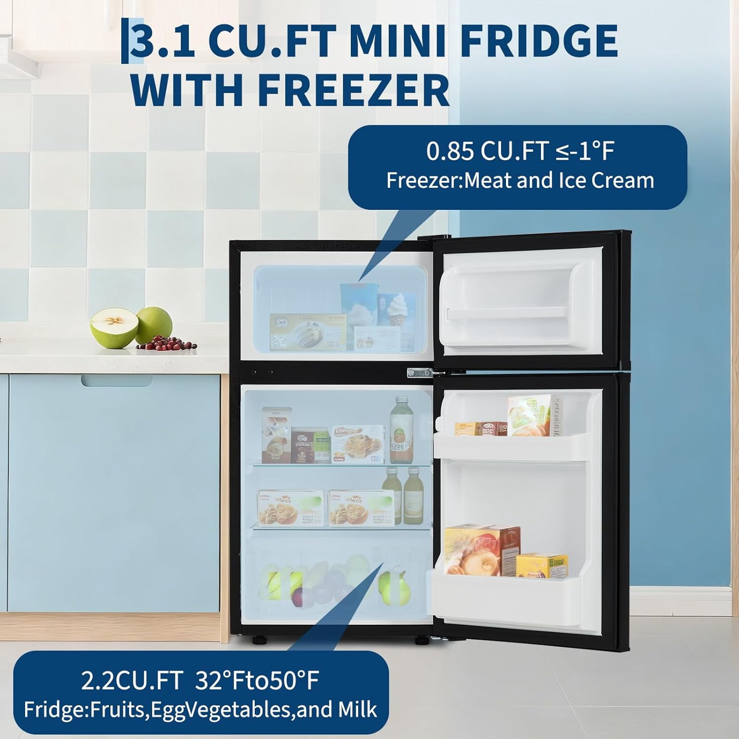 YUSAZENS Mini Fridge with Freezer, Compact Refrigerator with Adjustable Thermostat, Low Noise Operation for Bedroom, Dorm and Apartment