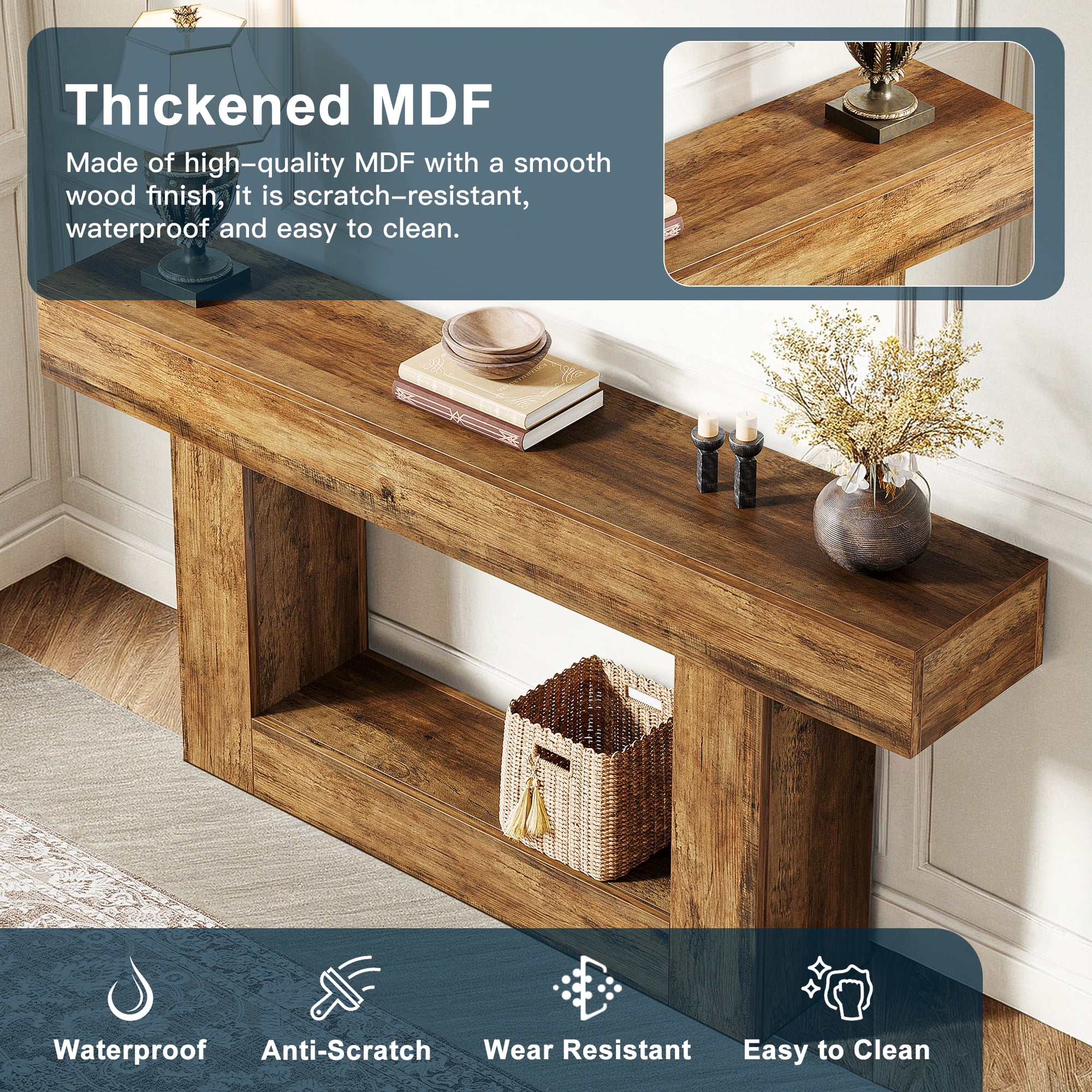 Demi Bonn 63" Wood Console Table, Farmhouse 2-Tier Sofa Table Entryway Table, Foyer Display Table, Brown