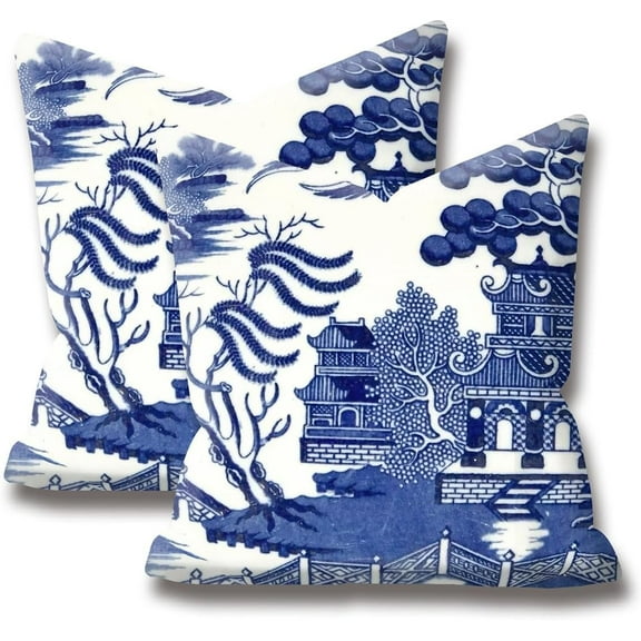 Chinoiserie Blue and White Pillow Covers 18x18 Set of 2,Blue and White Pillow Covers Outdoor Decorative Linen Pillow Covers for Couch Bed Sofa Cushion Farmhouse Pillowcases