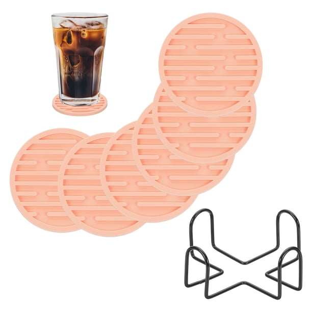 Juego de 6 Posavasos Redondos con Soporte, Posavasos de Silicona de 4" para Bebidas, Antideslizante, Resistente al Calor, Cojín de Vidrio para Decoración de Bar, Cocina y Oficina, Rosa (Rayas)