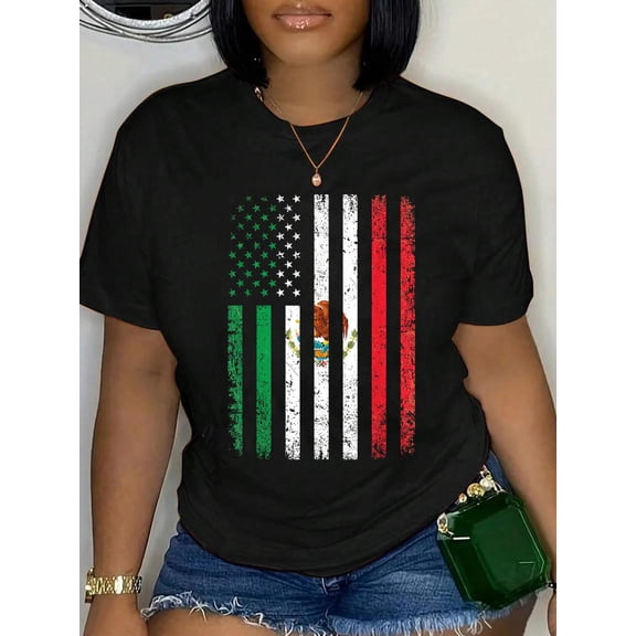 Cotton Mexico Flag Gift 4th of July USA American Mexican Flag T-Shirt Women's Graphic Tee Casual Tops