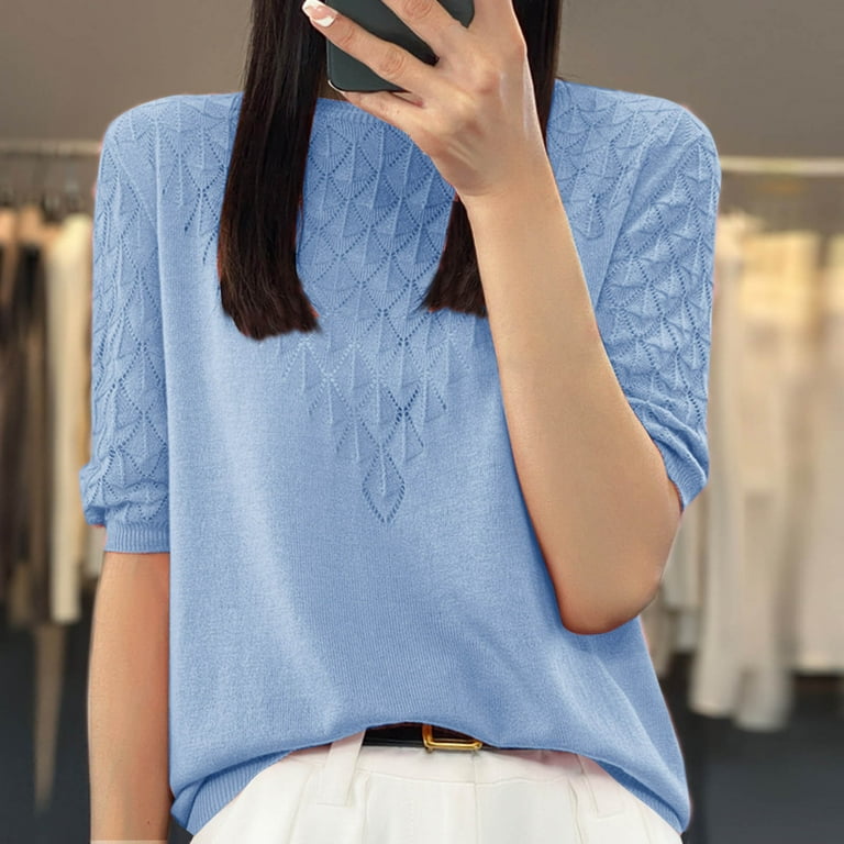 トップス juvyy JUUYY Womens Knit T-Shirts Casual Solid Color Pattern Short