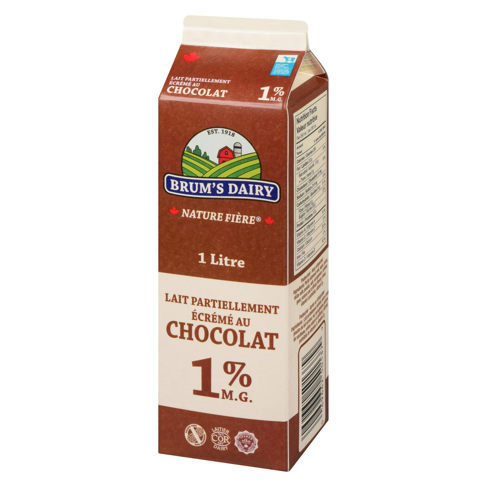 Brum's 1% M.F Chocolate, Partly Skimmed Milk.