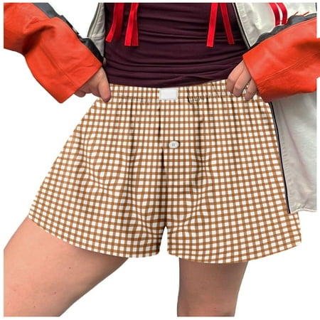 GYUJNB Women Pajamas Shorts Micro Boxer Shorts Y2K Cute Gingham Sleep Lounge Shorts Checkered Plaid Button Pj Mini Shorts Khaki