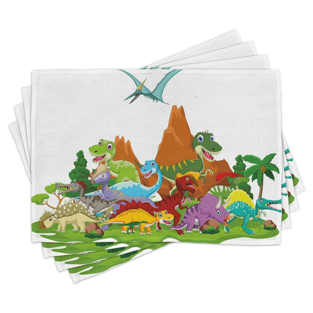Dinosaur Placemats Set of 4 Funny Friendly Dinosaurs in Cartoon Style