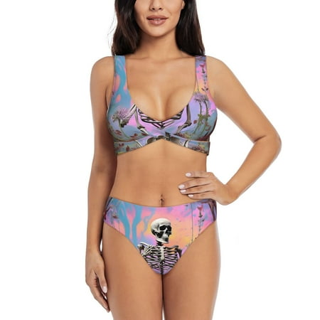 Zeuib Sky Sunflower Skull High Waisted Tummy Control Bikini Set - Knot Front Push Up Top & Cheeky Thong Bottom  Two-Piece Swimsuit for Women-Small