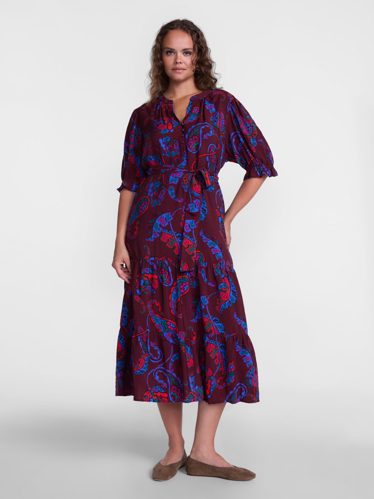 Scenario Women's and Women's Plus Tiered Midi Dress with Short Sleeves, Sizes XS-4X