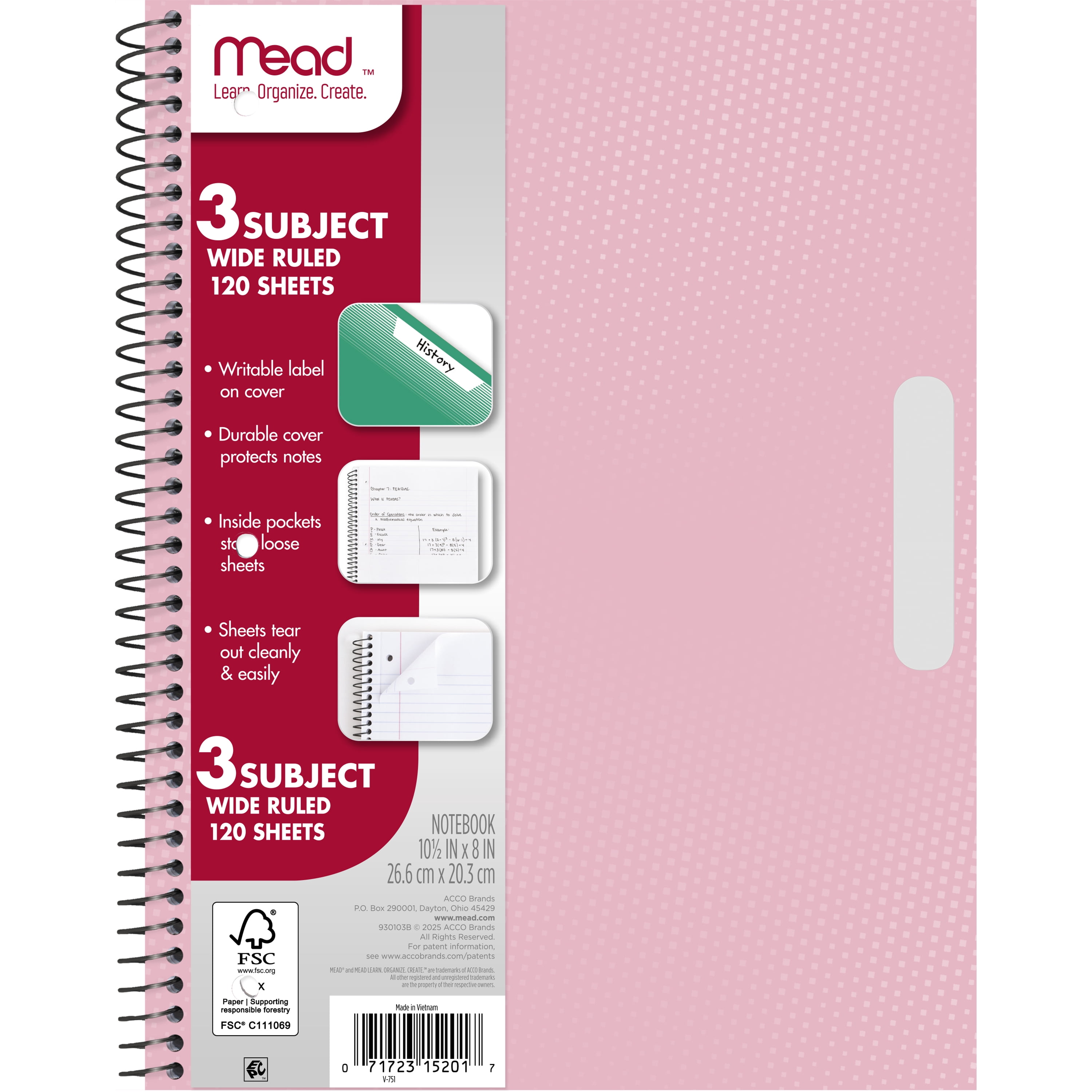 (2 pack) Mead 3 Subject Wide Ruled Notebook, 8" x 10.5", Pastel Pink, Poly, Spiral, 120 Sheets
