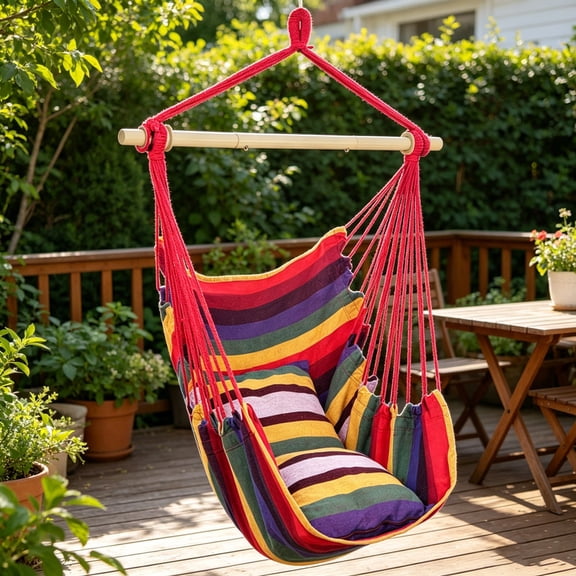 Color Striped Macrame Hanging Hammock Chair with 2 Soft Cushions, Galvanized Pipe Support Swing Seat, Comfort Hanging Chair for Bedroom Patio Garden Indoor Outdoor Leisure Home Decor