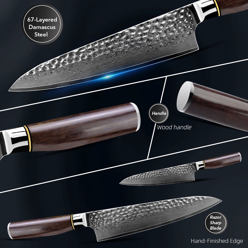 Damasus Chef Knife Sharp Santoku Knife with Giftcase,Japanese 67-Layers VG-10 Steel Core Hammered Blade Slicing Knife for Meat,Fish and Vegetable