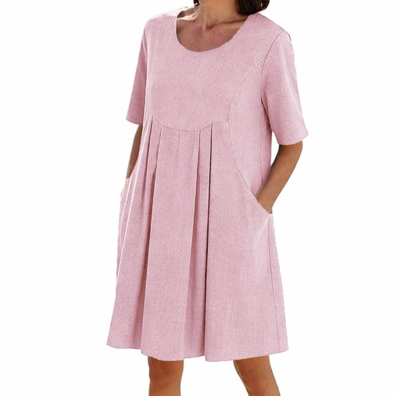 Ahabrexf Knee Length Summer Dress for Women Solid Color Crew Neck Short Sleeve Pocket Casual Dress 1Pc