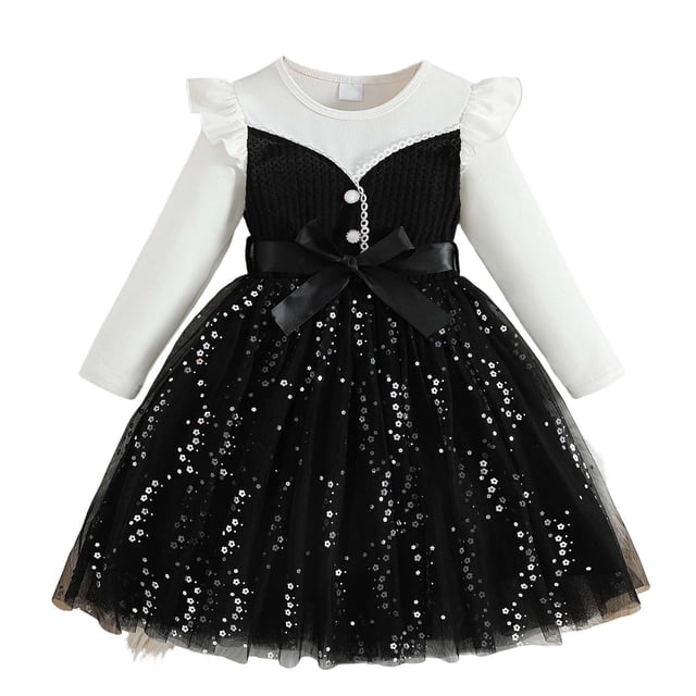 Vestido de Manga Larga para Niñas con Nudo de Arco Y Cinturón, de Moda de Color Sólido de Malla de Manga Larga para Niños 3-10 Años