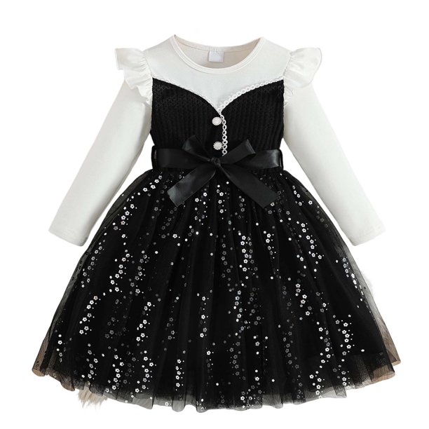 Vestido de Manga Larga para Niñas con Nudo de Arco Y Cinturón, de Moda de Color Sólido de Malla de Manga Larga para Niños 3-10 Años