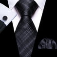thumbnail image 3 of Set de corbata Barry.Wang de seda a cuadros con gemelos y pañuelo, 3 of 5