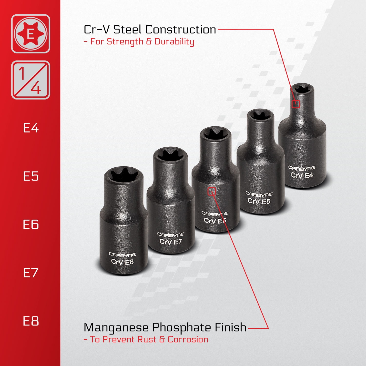 Carbyne 13-Piece External Torx (E-Torx) Socket Set, E4 to E24, CrV Steel, Manganese Phosphate Finish, 1/4 3/8 1/2 in. Drive, Laser Etched