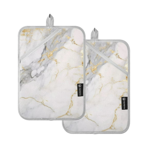 ALAZA White and Golden Marble Pot Holders Set of 2 Heat Resistant Kitchen Oven Mitts