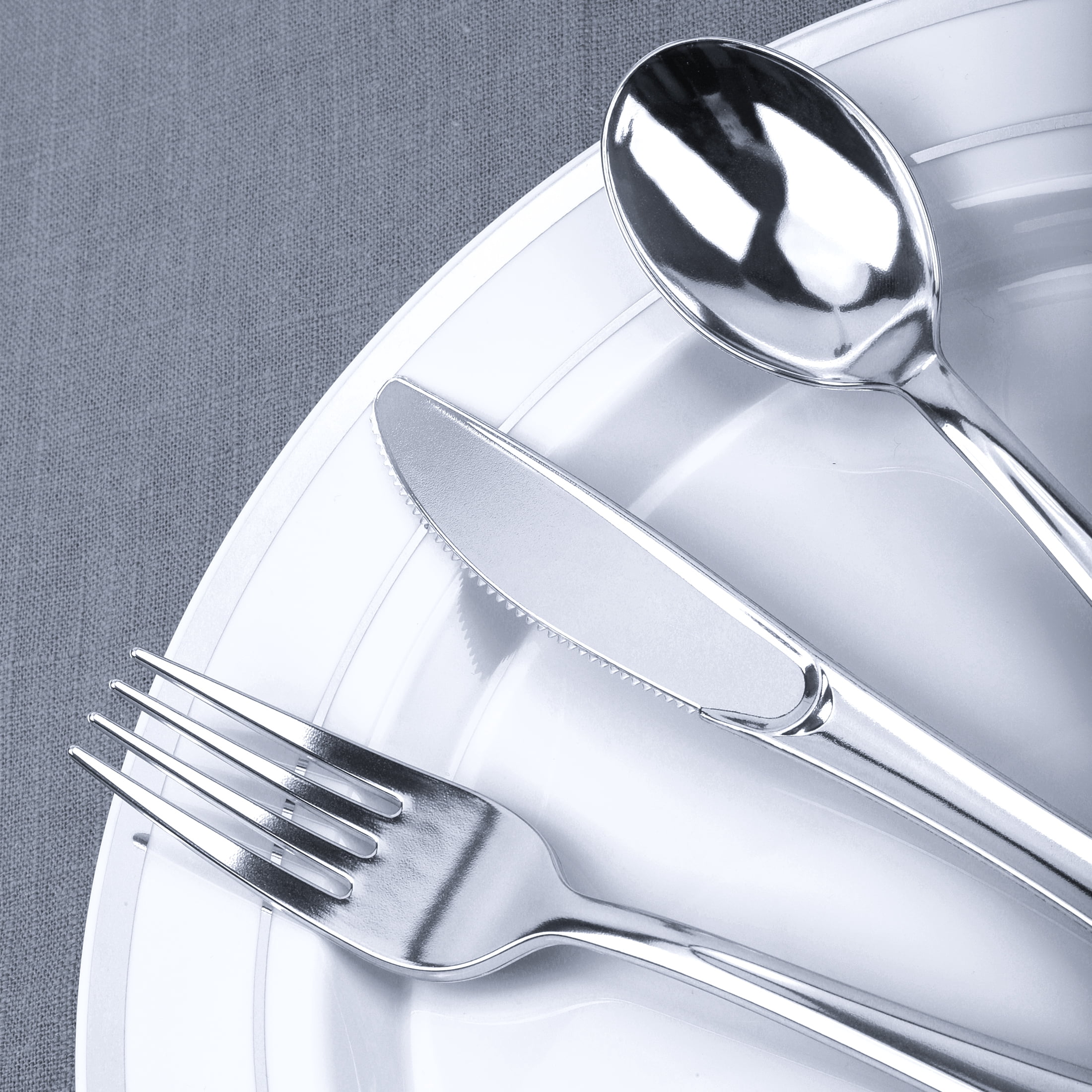 Family Essentials Elegant Silver Disposable Cutlery Set, 180-Piece Heavy Duty Plastic Silverware, Party Utensils for Weddings & Events, 60 Forks 60 Knives 60 Spoons, BPA-Free