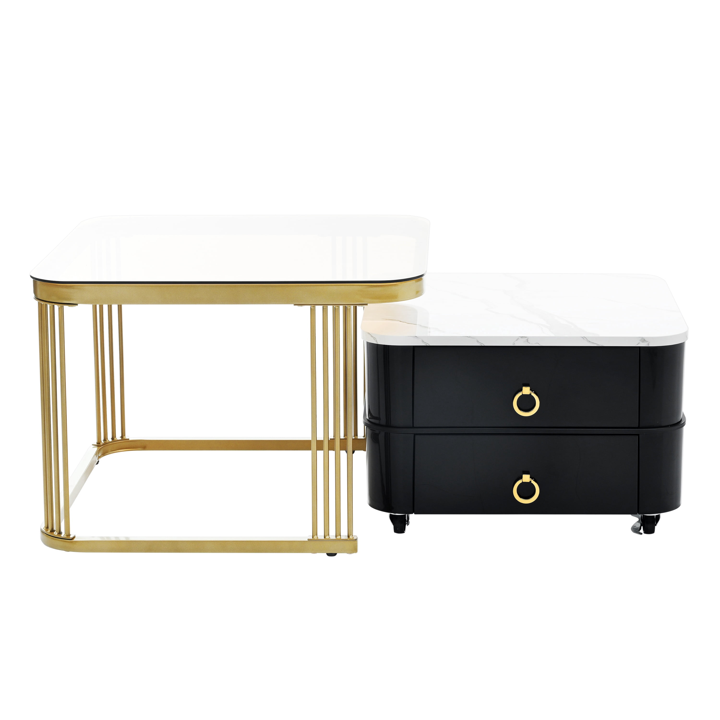 PORKISS 2-in-1 Nesting Coffee Table, Modern Square Coffee Table with Wheels and Drawers, Small Stacking Coffee Table with High Gloss Marble Grain Top and Tempered Glass for Living Room, Black/ Gold