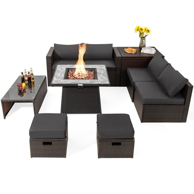 Patiojoy Ensemble de 9 Pcs de Meubles de Patio Extérieur avec Table de Foyer au Propane de 35 Pouces, Ensemble de Canapé Sectionnel d'Extérieur en Osier PE Gain de Place avec Coffre de Rangement et Coussins Gris