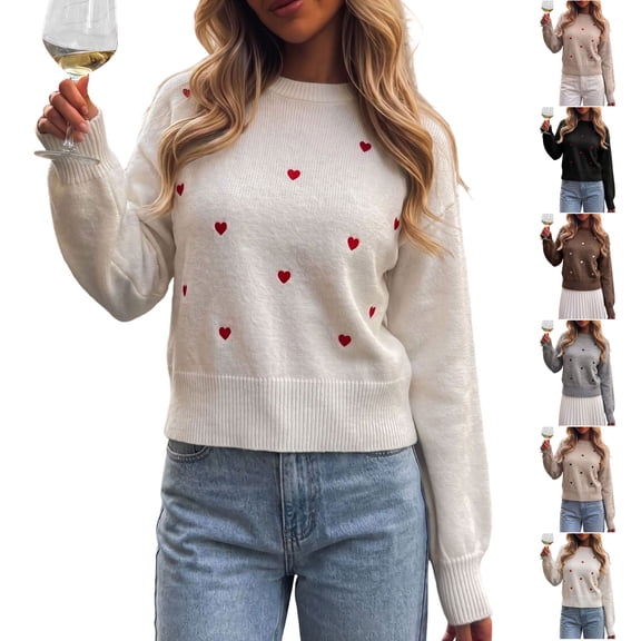 TGSLY Women's Heart Embroidered Sweater Soft Casual Crew Neck Puff Long Sleeve Knit Tops Relaxed Dressy Solid Color Fall Cropped Pullovers L