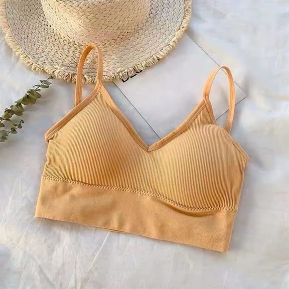 Ribbed Sports Bras for Women Wireless Padded Seamless Bralette Soft Comfy Cami Bra for Yoga Sleep Yellow Free Size