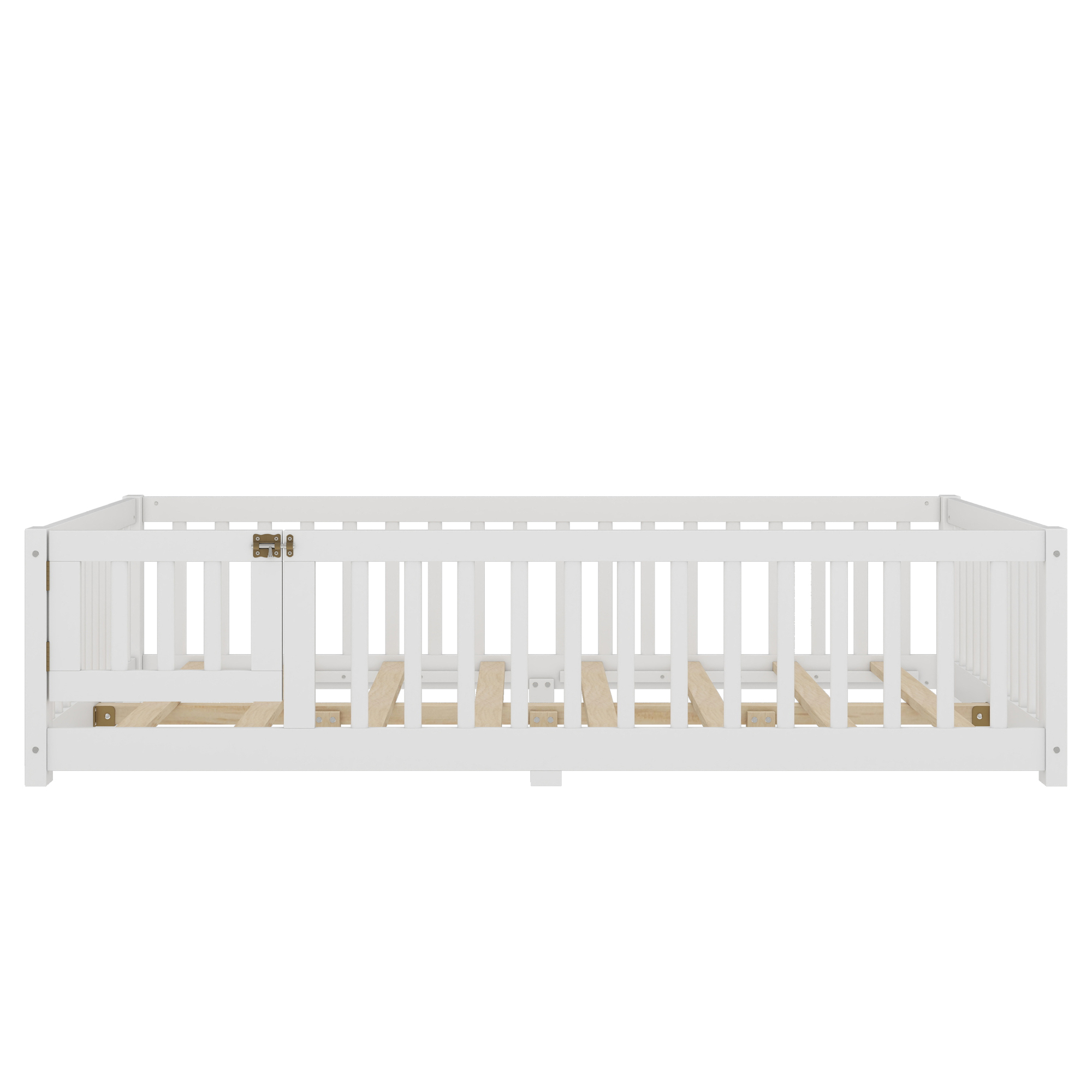 Jopath Full Size Floor Bed Frame,Montessori Bed with Guardrails and Door,with Slatted Base,for Kids,Boys,Girls,White