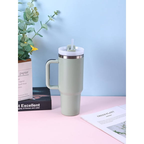 Light Grey Stainless Steel Vacuum Insulated Tumbler With Handle And Straw 40 Oz
