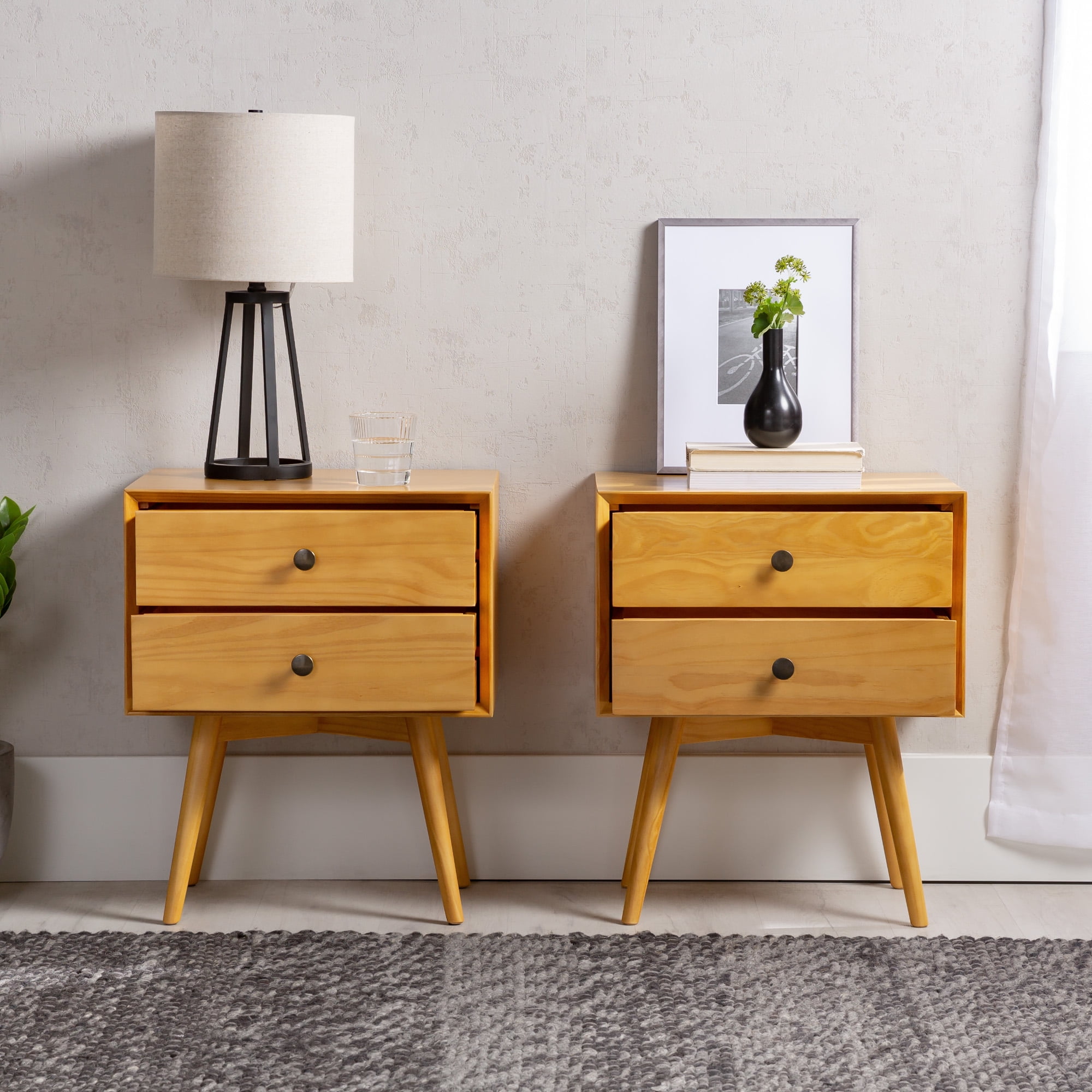 Walker Edison Mid Century Modern 2 Drawer Nightstand, Set of 2, Light Oak