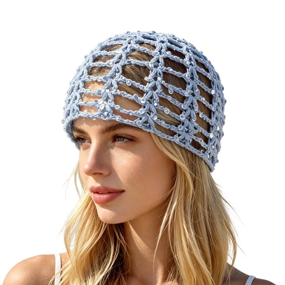 Ticikt Women Crochet Skull Cap, Handmade Hollow Fishnet Sequin Solid Cotton Hair Wrap Fashion Styling Beanie,Blue