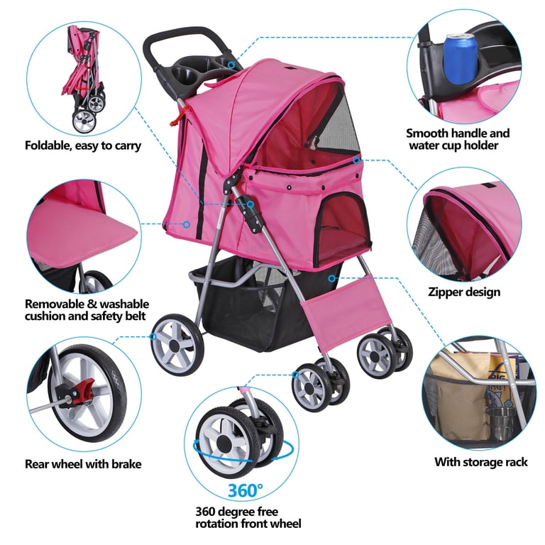 HomGarden 4-Wheel Pet Stroller, Pink, Up to 33 lbs photo 3