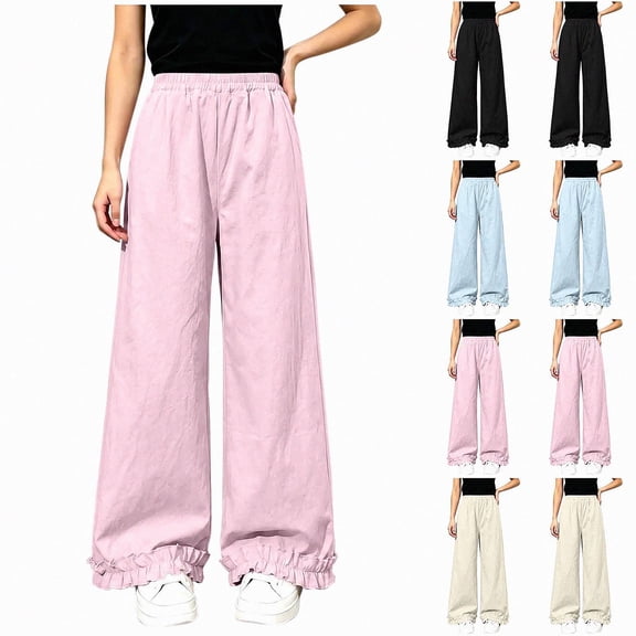 WAVSUF Girls Wide Leg Pants Ruffle Hem Lightweight Elastic Waist Daily Casual Pants Pink 7-8