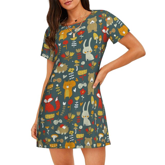 Balery Cute Animal Forest Camisón de manga corta con cuello redondo para mujer, cómodo y elegante.