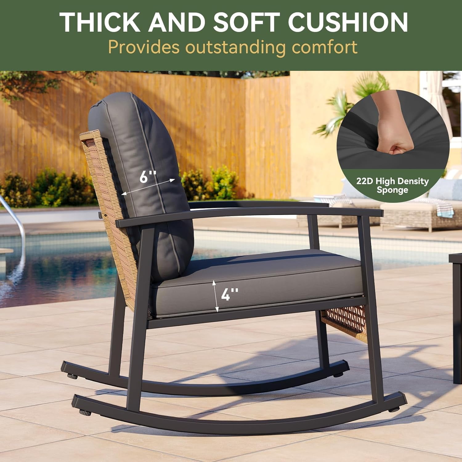 Aoxun 3-Piece Outdoor Rocking Bistro Set, Patio Furniture Set with Coffee Table and Thick Cushions, Wicker Rocking Chairs Set of 2 for Garden, Balcony, Backyard, Poolside (Black)
