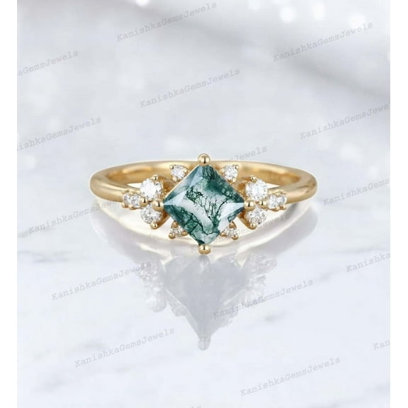 KANISHKAGEMS&JEWELS 2 Ct 7 mm / Vintage Moss Agate Promise Ring Alternative Fine Women Jewelry Natural Gemstone Proposal Ring CZ Diamond Birthday Gift Ring