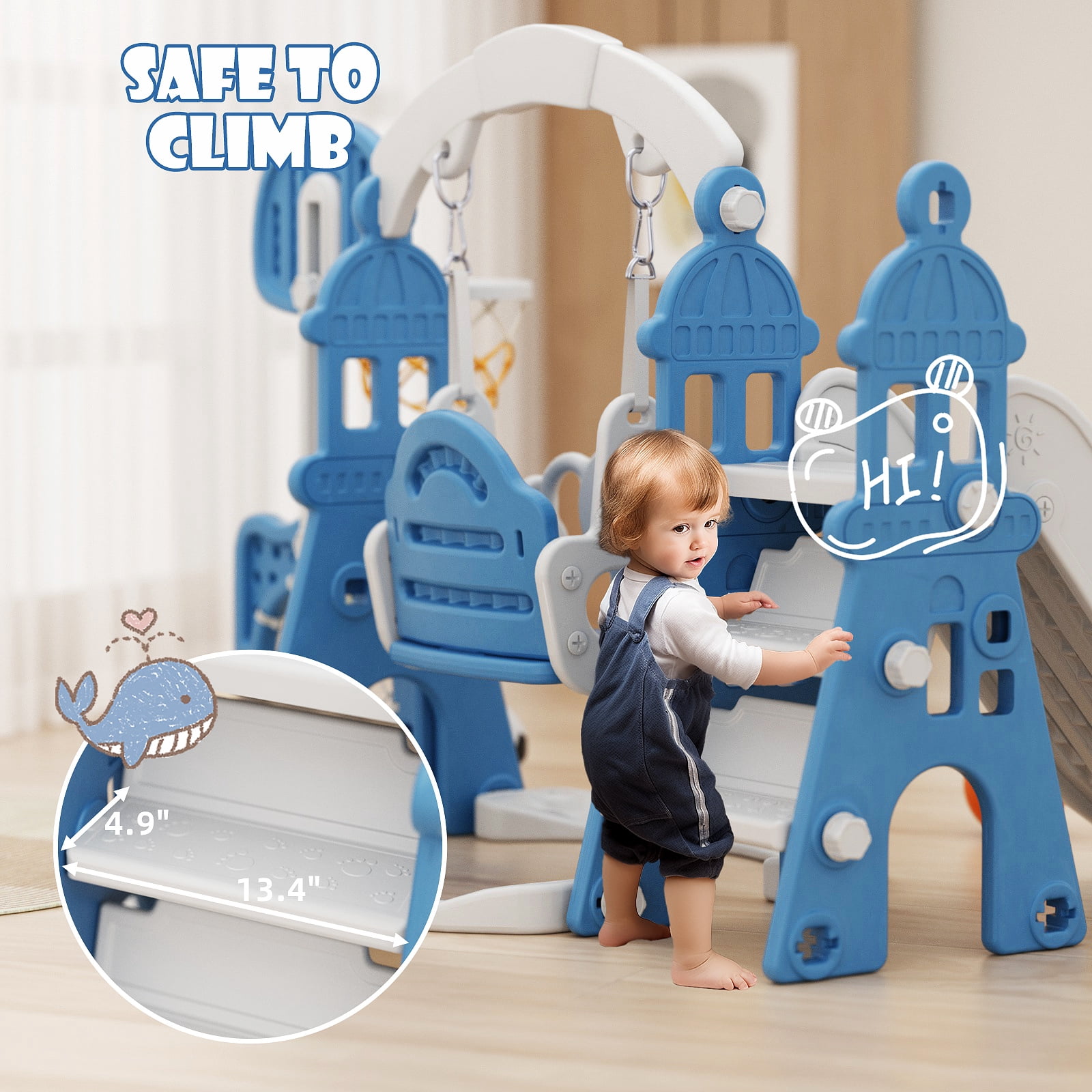 XJD 5 in 1 Kids Slide for Toddlers Age 1-3 Slide and Swing Set Climber for Children Baby Indoor Outdoor, Basketball Hoop, Football Gate, Playsets Playground Sets for Backyards, Blue