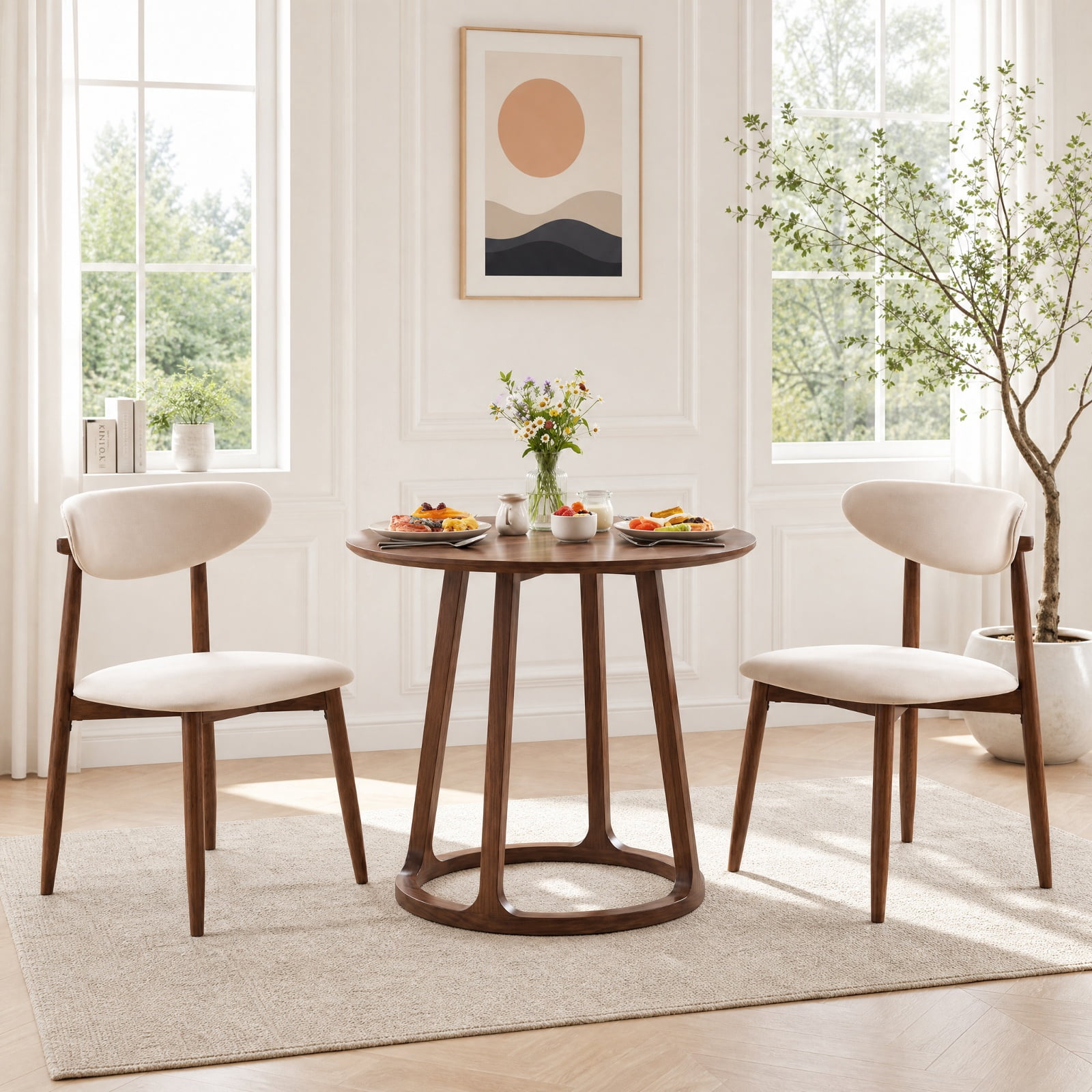 Furnibear Fabric Upholstered Dining Chairs Set of 2 with Curved Backs and Solid Rubber Wood Legs for Kitchen and Farmhouse Dining Room, Beige