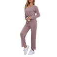 thumbnail image 4 of INSPIRE CHIC Women's Ribbed Knit Lounge Set Long Sleeve Pants Sleepwear Pajama Set 2 Piece Matching Outfits Set M Purple, 4 of 6