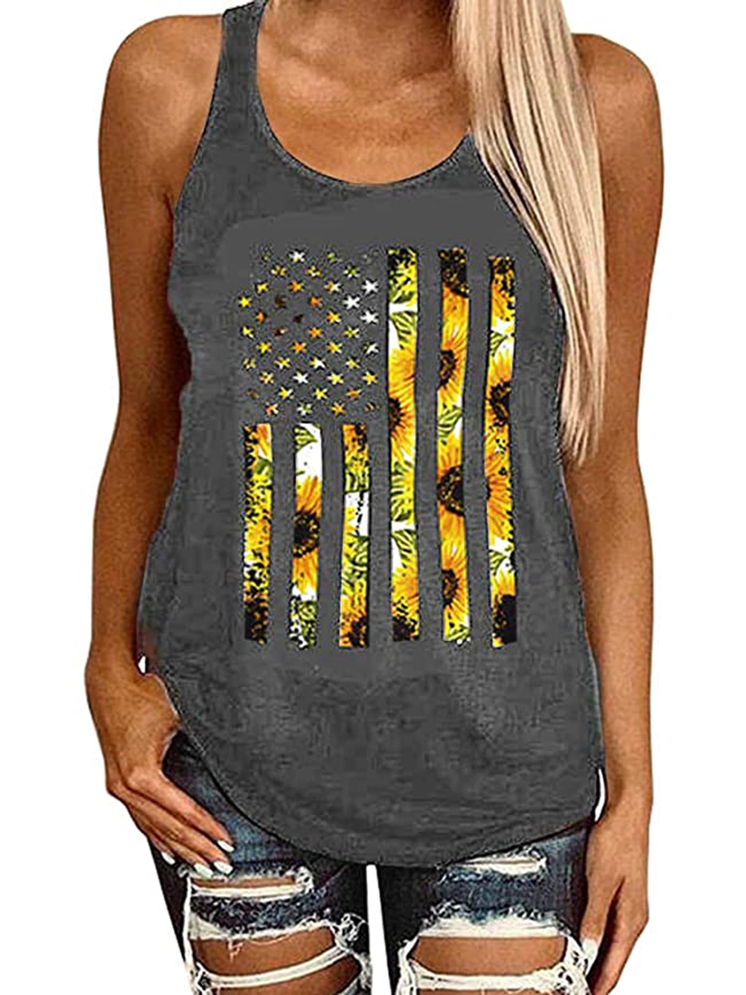 XBTCLXEBCO Women's American Flag Printed U-Neck Sleeveless T-Shirt Tops ...