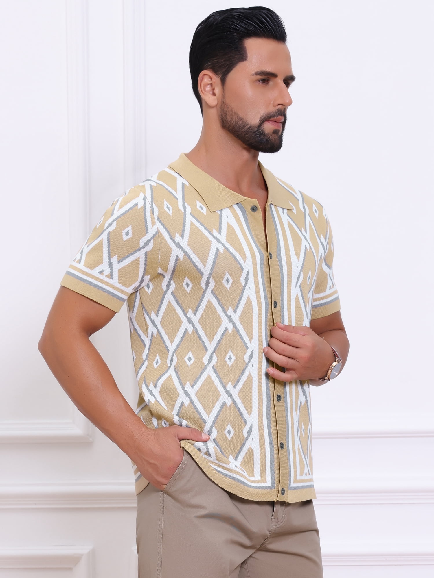 DARING DIVA Men's Short Sleeve Button Down Plaid Knitted Argyle Polo Shirt 2XL Khaki