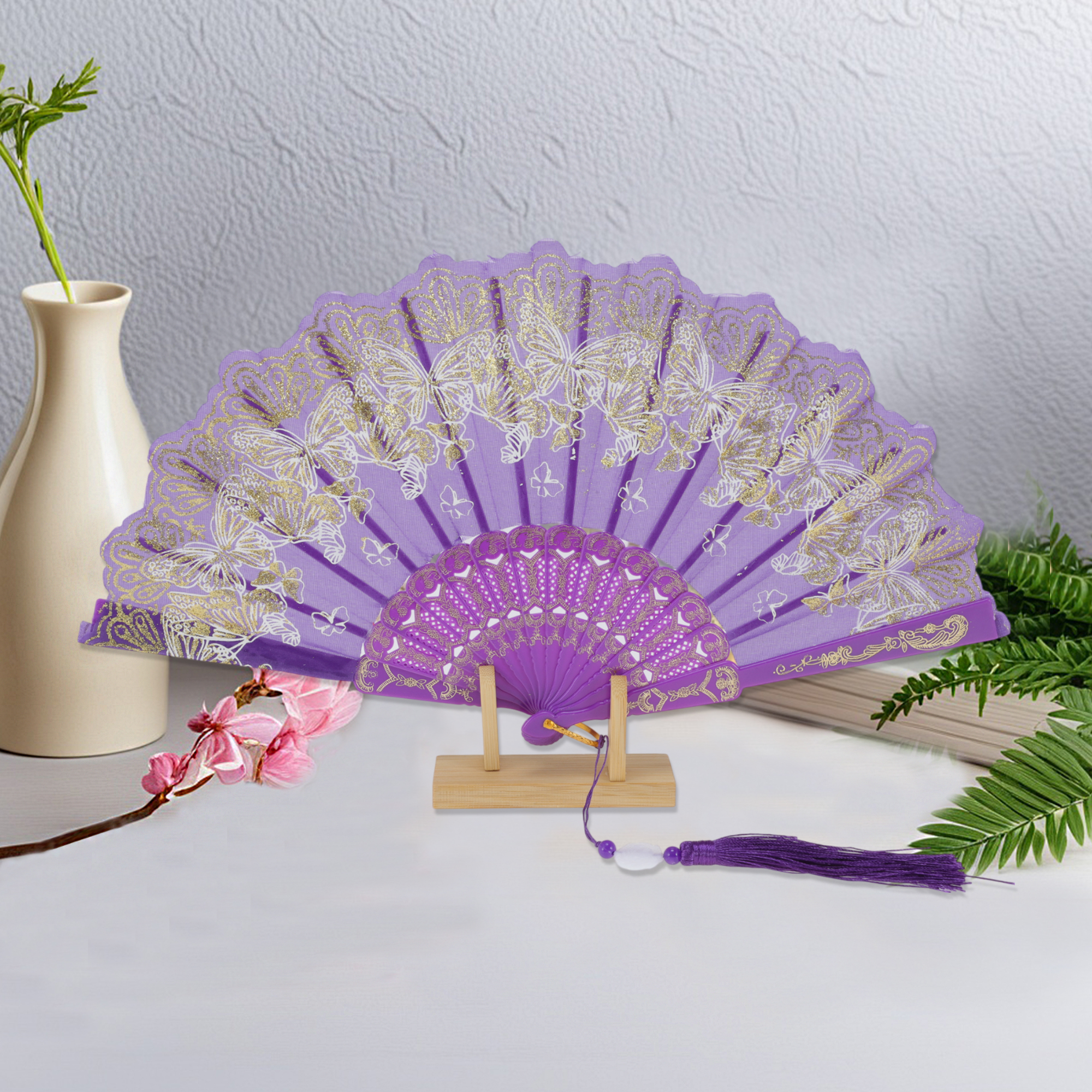Unique Bargains Elegant Butterfly With Tassel Folding Fan 1PC Purple