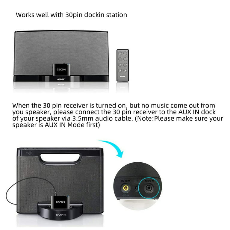 pedal Ren Bliv oppe ZIOCOM 30 Pin Bluetooth Adapter Receiver for Bose iPod iPhone SoundDock and  Other 30 pin Dock Speakers with 3.5mm Aux Cable(Not for Car and  Motorcycles),Black - Walmart.com