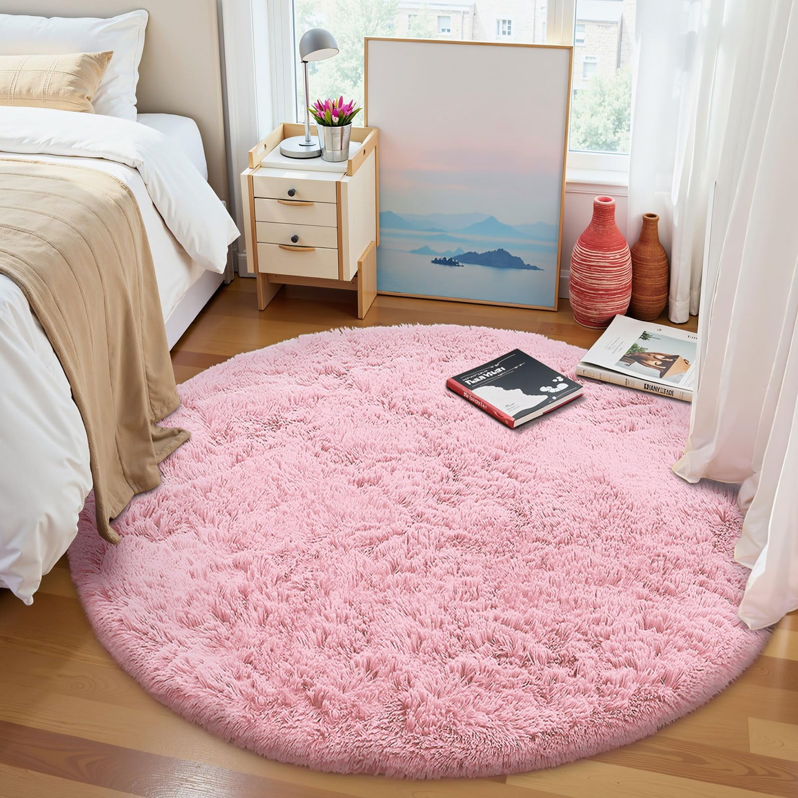 Buganda Fluffy Area Rugs, Round Area Rug for Living Room, Soft Decorative Carpet for Indoor Home, 5'x5', Pink