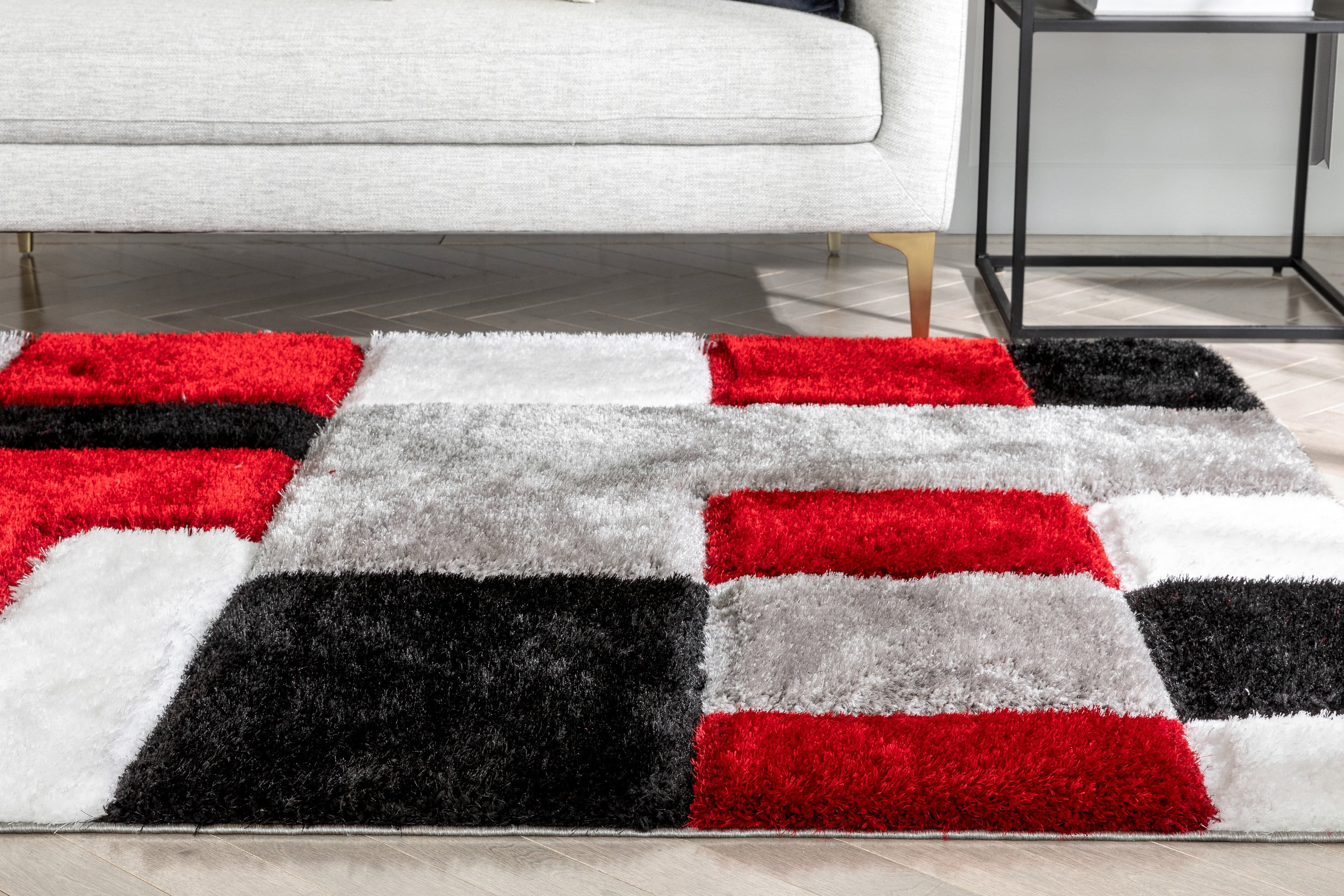 Well Woven San Francisco Escondido Red Modern Geometric Squares 5'3" x 7'3" Shag 3D Textured Area Rug