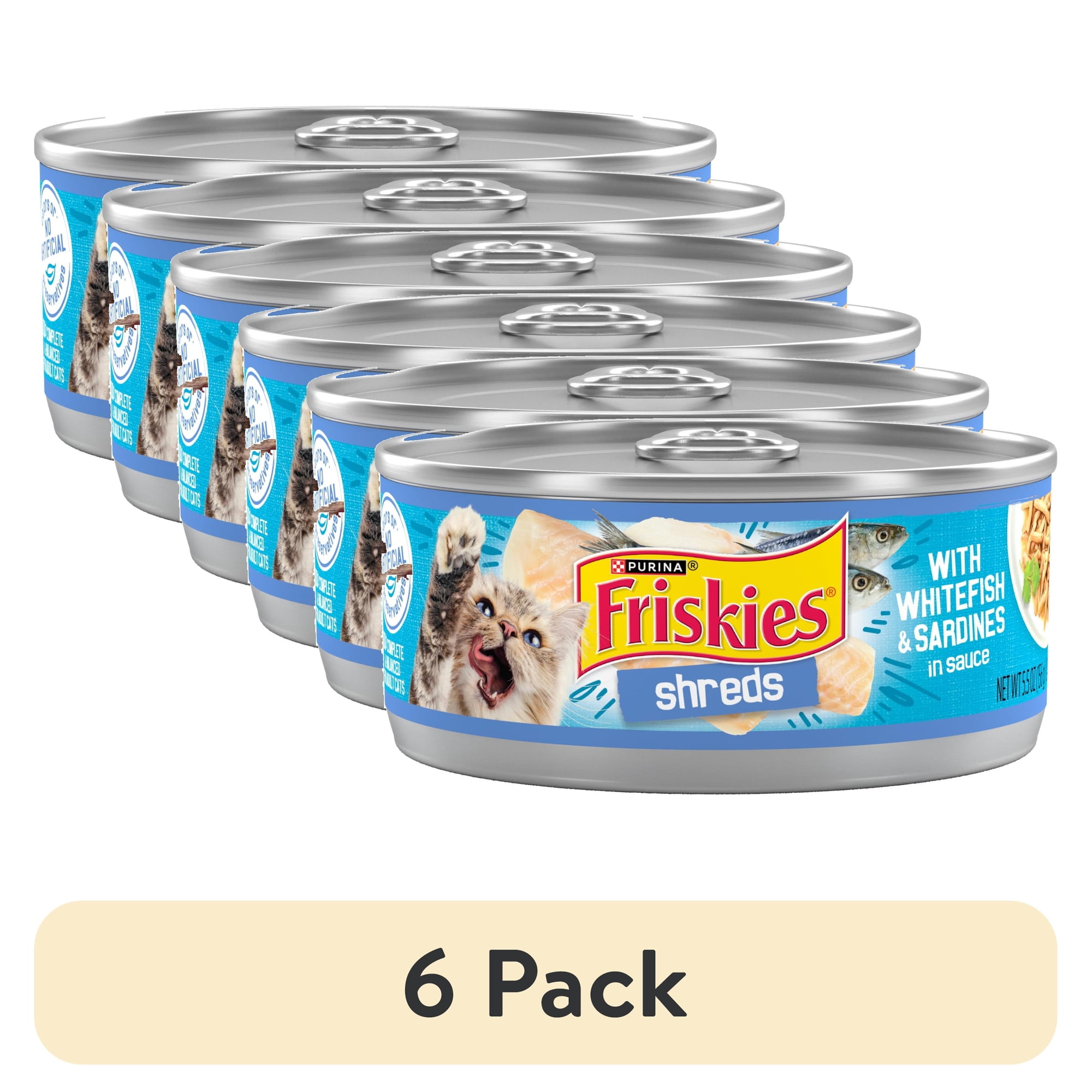 (6 pack) Purina Friskies Shreds, Whitefish and Sardines in Sauce, Wet Cat Food, 5.5 oz Can, 24 Pack