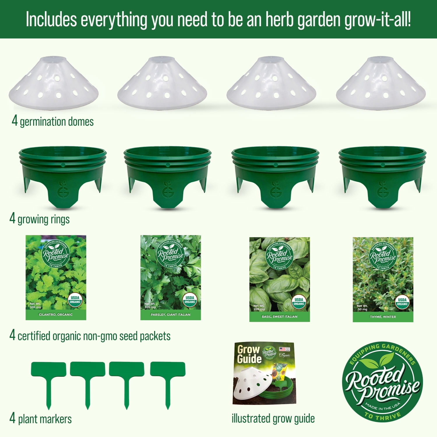 Rooted Promise Herbs Garden Kit Organic Herb Seed Starter Kit with Grow Rings and Greenhouse Domes 4pk